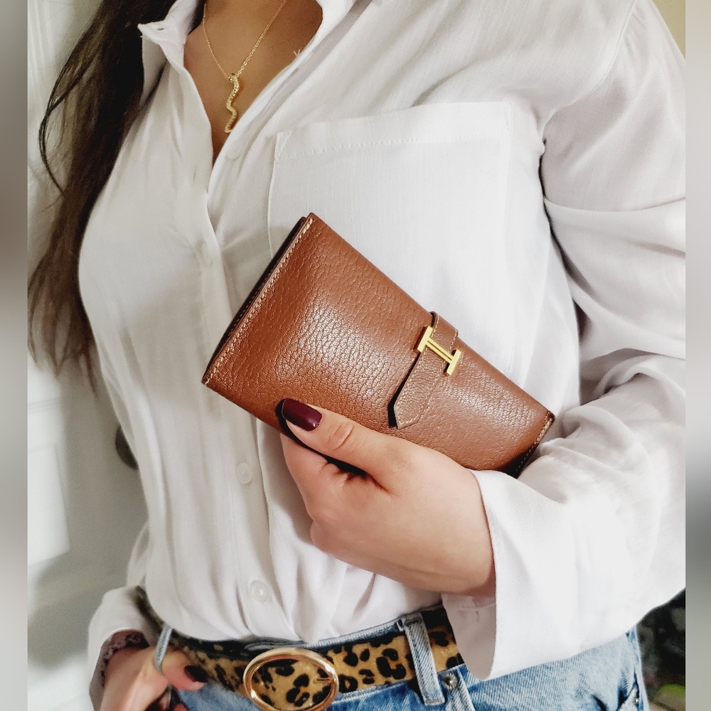 Authentic HERMES Bearn Soufflet Bifold Brown & Gold Iconic "H" Wallet Clutch Set